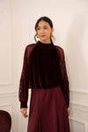 Two-material velvet blouse with lace sleeves