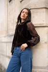 Two-material velvet blouse with lace sleeves