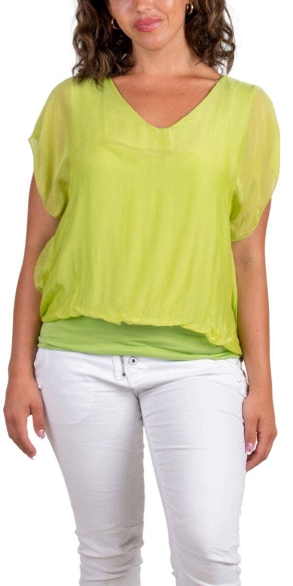 V-Neck Flutter Sleeve Silk Top