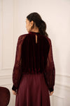 Two-material velvet blouse with lace sleeves