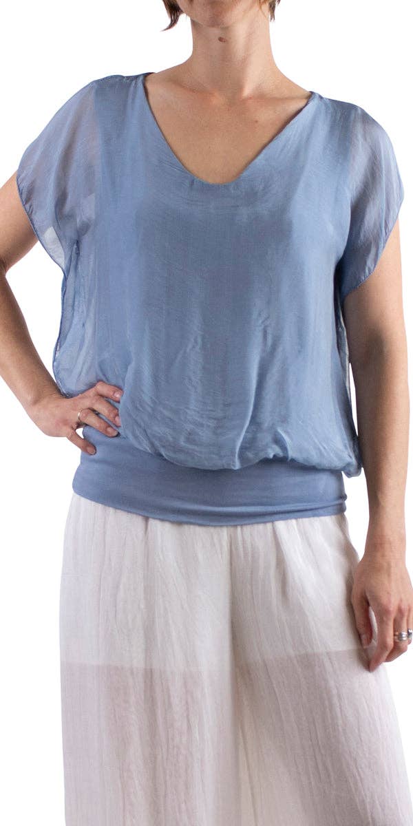 V-Neck Flutter Sleeve Silk Top