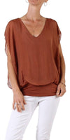 V-Neck Flutter Sleeve Silk Top