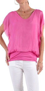V-Neck Flutter Sleeve Silk Top