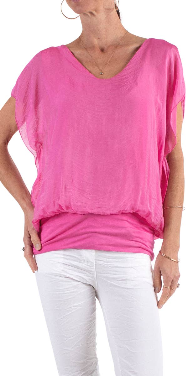 V-Neck Flutter Sleeve Silk Top