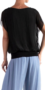 V-Neck Flutter Sleeve Silk Top