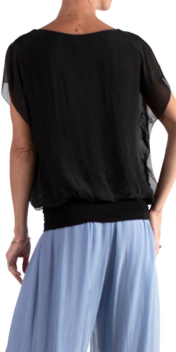 V-Neck Flutter Sleeve Silk Top