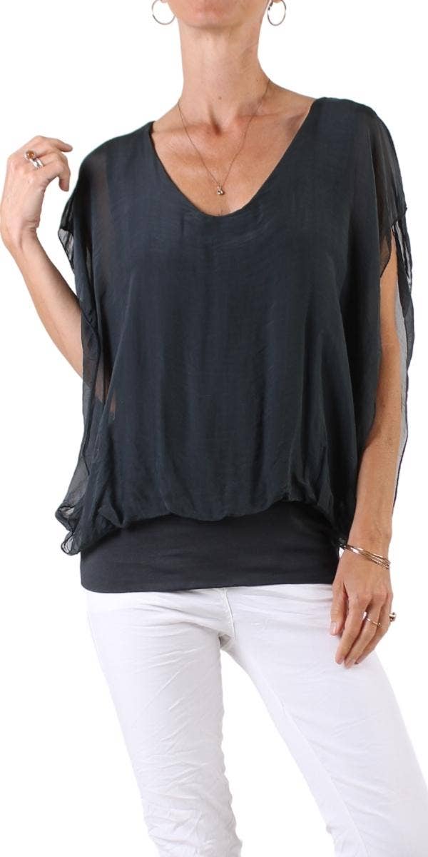 V-Neck Flutter Sleeve Silk Top