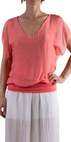 V-Neck Flutter Sleeve Silk Top