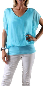 V-Neck Flutter Sleeve Silk Top