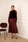 Two-material velvet blouse with lace sleeves