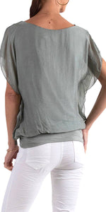V-Neck Flutter Sleeve Silk Top