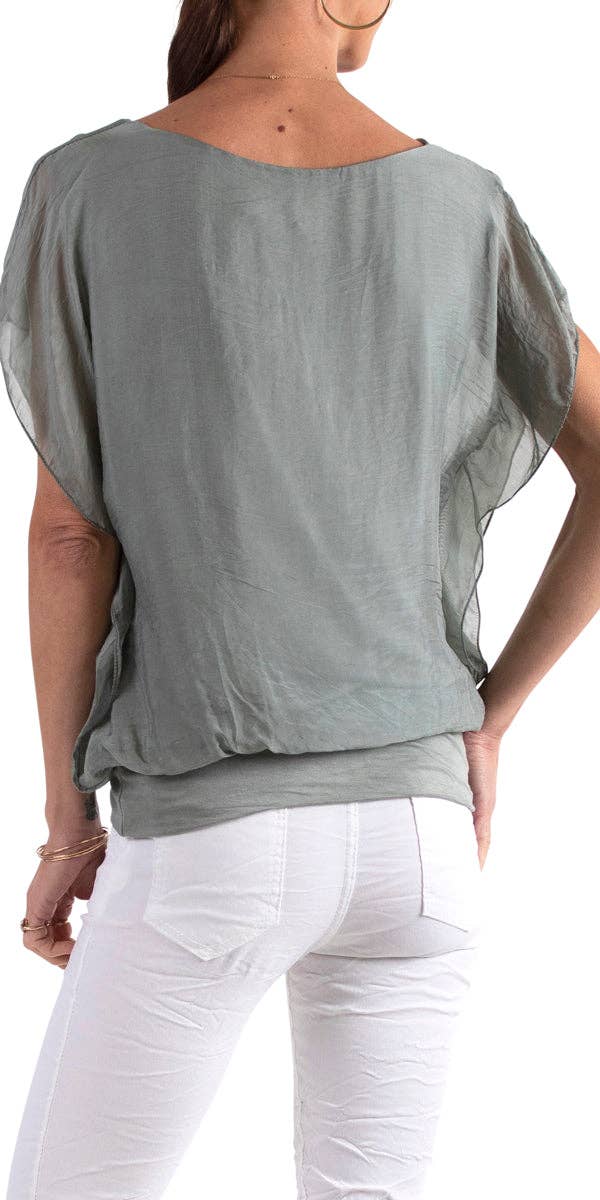 V-Neck Flutter Sleeve Silk Top