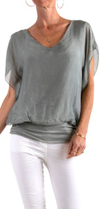 V-Neck Flutter Sleeve Silk Top