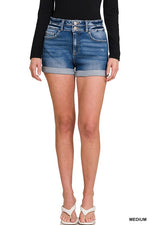 CUFFED DOUBLE BUTTON DENIM SHORTS