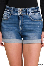CUFFED DOUBLE BUTTON DENIM SHORTS