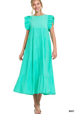 RUFFLED CAP SLEEVE BABYDOLL TIERED MAXI DRESS