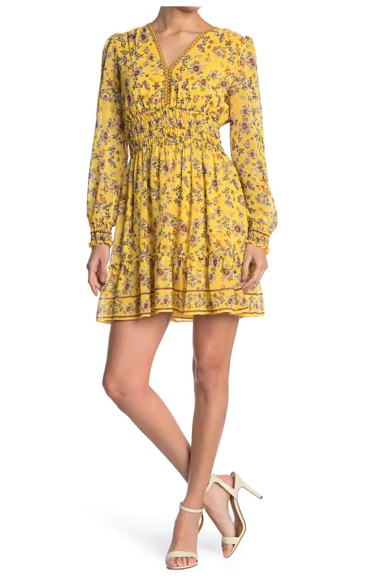 Yellow Floral Print Mini Dress