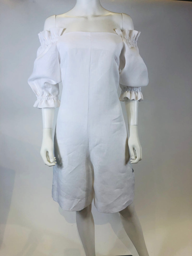 Off Shoulder Ruffled Linen Romper