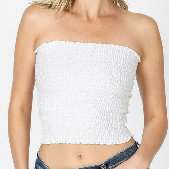 red smocked tube top